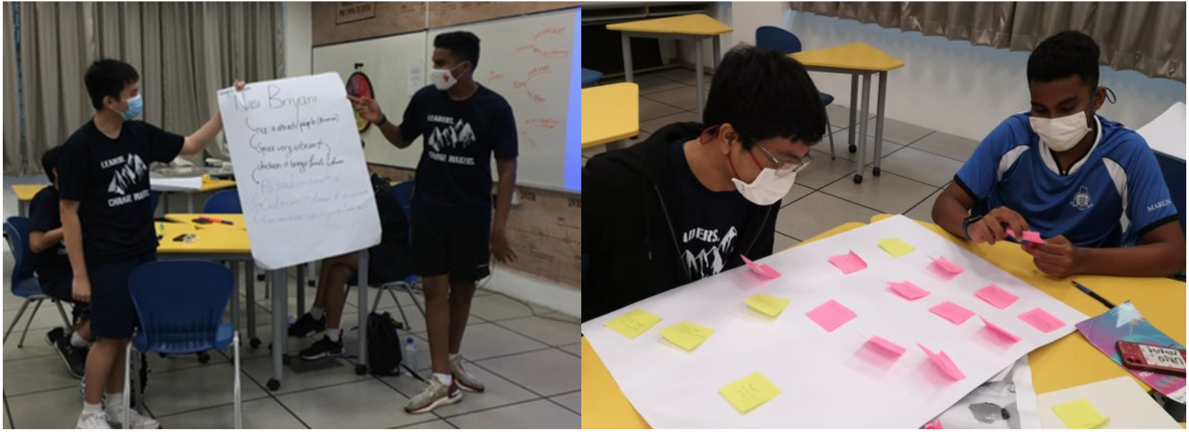 Two masked teens present a flipchart while two others arrange pink and yellow sticky notes on a large sheet.
